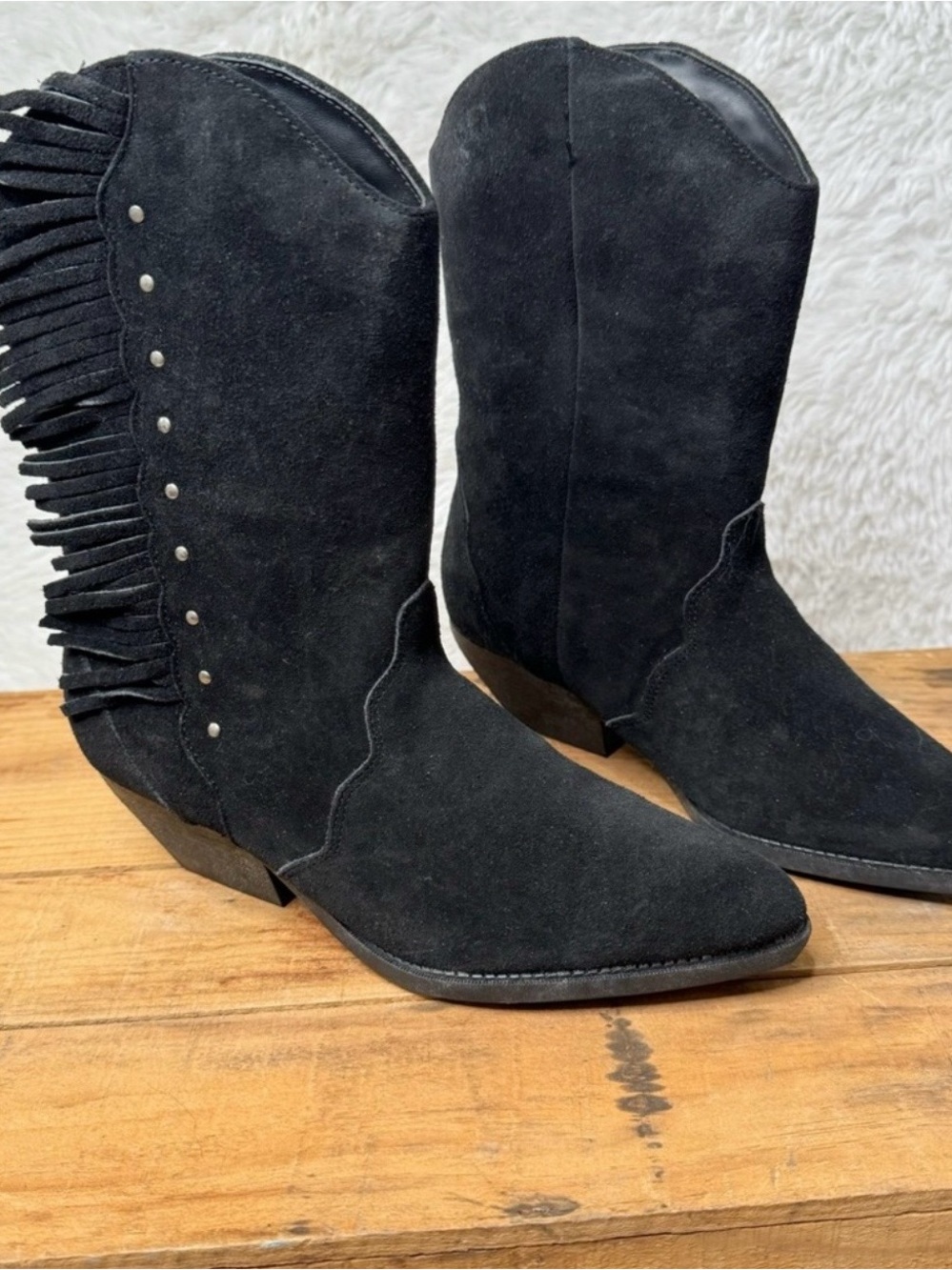 Arizona Jean Company Y2K Black Fringed Stud Suede Western Cowboy Boots Size 8